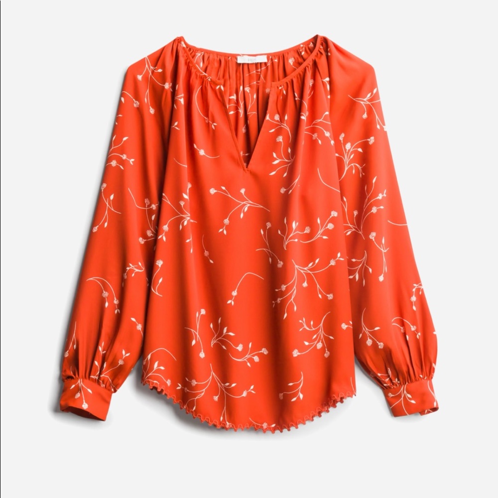 Joie lace hem red floral blouse